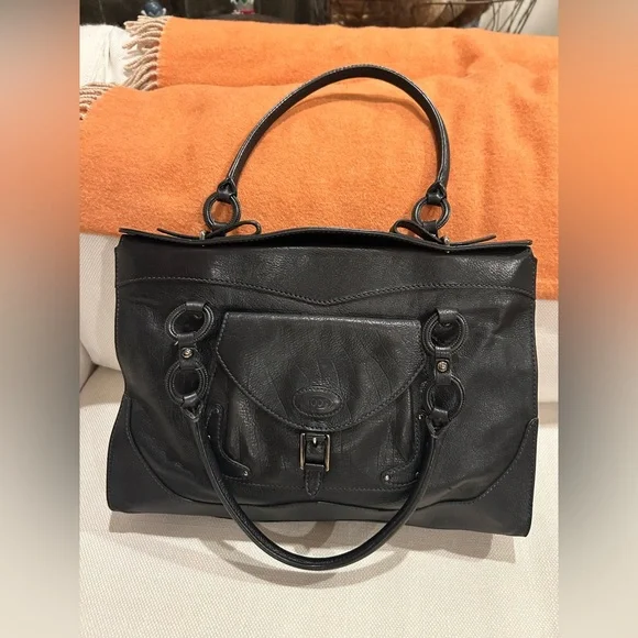 TODS Vintage Black Italian Leather Ring-Handled Satchel - Picture 3 of 16